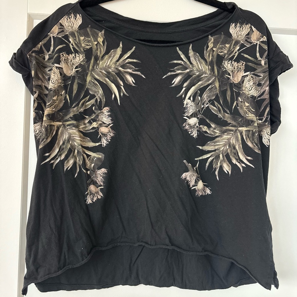 All Saints Grey-Black Floral Short Sleeve Top